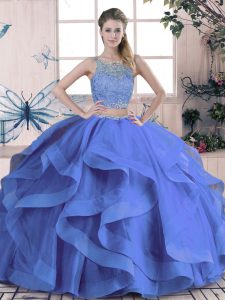 Sleeveless Floor Length Beading and Ruffles Lace Up 15th Birthday Dress with Blue