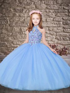 Tulle Halter Top Sleeveless Sweep Train Lace Up Embroidery Child Pageant Dress in Blue