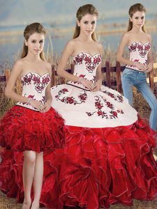Floor Length Three Pieces Sleeveless White And Red Sweet 16 Dress Lace Up