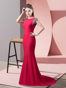 Coral Red Backless High-neck Beading Prom Gown Elastic Woven Satin Short Sleeves Brush Train