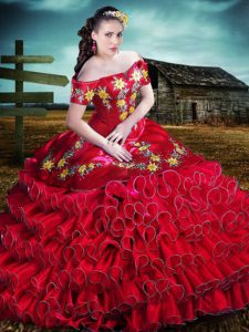 Deluxe Red Off The Shoulder Lace Up Embroidery and Ruffles Vestidos de Quinceanera Sleeveless