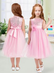 Rose Pink Sleeveless Sequins and Hand Made Flower Tea Length Toddler Flower Girl Dress