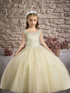 Champagne Sleeveless Appliques Floor Length Girls Pageant Dresses