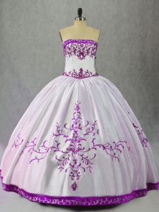 Luxury White And Purple Strapless Lace Up Embroidery Quince Ball Gowns Sleeveless