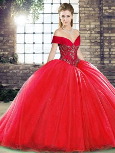 Fashionable Red Organza Lace Up Sweet 16 Dress Sleeveless Brush Train Beading