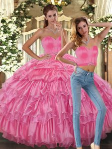 Pink Organza Lace Up Sweetheart Sleeveless Asymmetrical 15 Quinceanera Dress Beading and Ruffles and Pick Ups