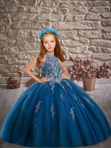 Beautiful Halter Top Sleeveless Little Girl Pageant Gowns Sweep Train Beading Blue Tulle