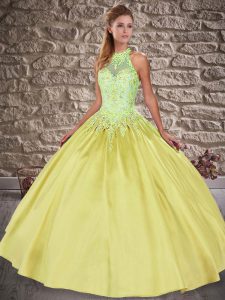 Decent Embroidery Quince Ball Gowns Yellow Lace Up Sleeveless Brush Train