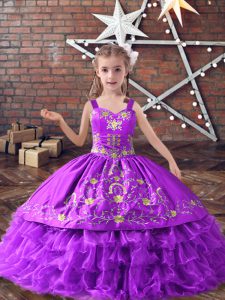 Inexpensive Lavender Kids Pageant Dress Wedding Party with Embroidery and Ruffled Layers Straps Sleeveless Lace Up