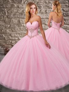 Glamorous Pink Sleeveless Tulle Lace Up Quinceanera Dress for Military Ball and Sweet 16 and Quinceanera