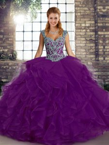 Sweet Purple Sweet 16 Dresses Military Ball and Sweet 16 and Quinceanera with Beading and Ruffles Straps Sleeveless Lace