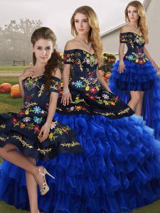 Blue And Black Organza Lace Up Off The Shoulder Sleeveless Floor Length Quinceanera Gown Embroidery and Ruffled Layers