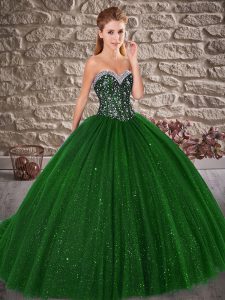 Green Sleeveless Brush Train Beading Ball Gown Prom Dress