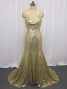 Champagne Sleeveless Sequined Brush Train Criss Cross Prom Evening Gown for Prom and Party and Military Ball
