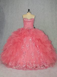 Attractive Organza Sweetheart Sleeveless Lace Up Beading and Ruffles Quinceanera Gowns in Watermelon Red