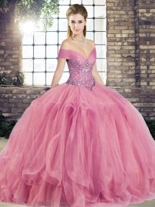 Top Selling Watermelon Red Ball Gowns Beading and Ruffles Ball Gown Prom Dress Lace Up Tulle Sleeveless Floor Length