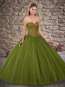 Artistic Olive Green Tulle Lace Up Sweetheart Sleeveless Floor Length Quinceanera Dress Beading