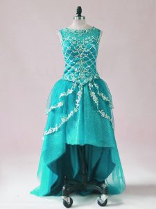 Teal A-line Tulle Scoop Sleeveless Beading and Appliques High Low Zipper Prom Evening Gown