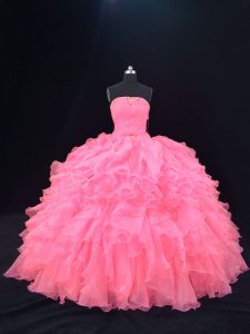 Unique Organza Strapless Sleeveless Lace Up Beading and Ruffles Quinceanera Dresses in Pink