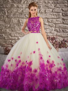 Charming Fuchsia Tulle Backless Quinceanera Dress Sleeveless Floor Length Lace and Appliques