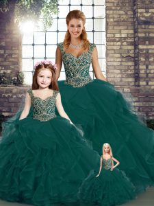 Cute Floor Length Lace Up Quinceanera Gown Peacock Green for Military Ball and Sweet 16 and Quinceanera with Beading and