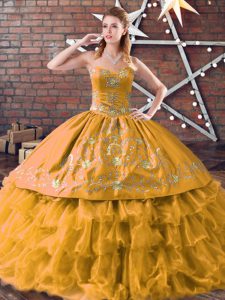 Gold Lace Up Quinceanera Gown Embroidery and Ruffled Layers Sleeveless Floor Length