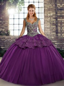 Modern Straps Sleeveless 15th Birthday Dress Floor Length Beading and Appliques Purple Tulle