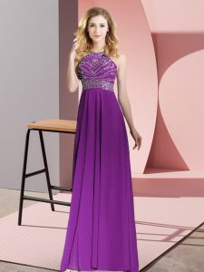 Popular Floor Length Purple Homecoming Dress Chiffon Sleeveless Beading