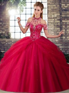 Brush Train Ball Gowns 15 Quinceanera Dress Coral Red Halter Top Tulle Sleeveless Lace Up