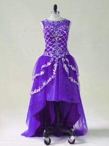Exquisite Purple Sleeveless High Low Beading and Appliques Zipper