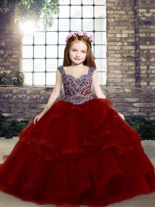 Red Straps Lace Up Beading and Ruffles Kids Pageant Dress Sleeveless
