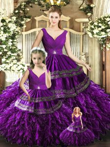 Purple Backless V-neck Beading and Embroidery and Ruffles 15 Quinceanera Dress Organza Sleeveless