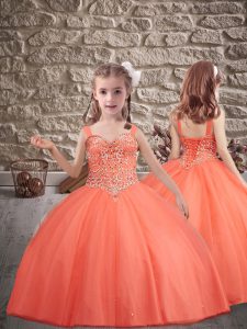 Sleeveless Tulle Brush Train Lace Up Girls Pageant Dresses in Orange Red with Beading