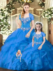 Blue Tulle Lace Up Sweetheart Sleeveless Floor Length Quinceanera Dress Beading and Ruffles