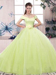 Ideal Yellow Green Short Sleeves Floor Length Lace and Hand Made Flower Lace Up Quinceanera Gown