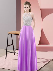 Lavender Satin Backless Dress for Prom Sleeveless Floor Length Beading