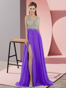 Lavender Chiffon Zipper Prom Party Dress Sleeveless Sweep Train Beading