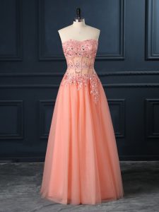 Attractive Orange Evening Dress Prom and Party and Military Ball with Lace and Appliques Sweetheart Sleeveless Zipper