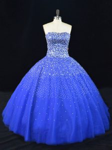 Strapless Sleeveless Vestidos de Quinceanera Floor Length Beading Royal Blue Tulle