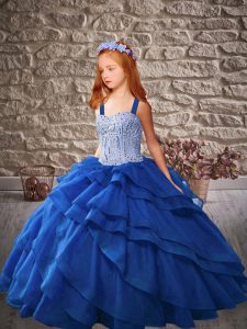 Superior Sleeveless Organza Floor Length Lace Up Pageant Gowns For Girls in Royal Blue with Beading and Ruffled Layers