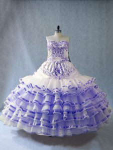 Modest Lavender Lace Up Vestidos de Quinceanera Embroidery and Ruffled Layers Sleeveless Floor Length
