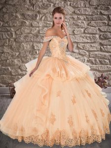 Floor Length Lace Up Vestidos de Quinceanera Peach for Military Ball and Sweet 16 and Quinceanera with Beading and Lace