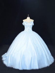 Sleeveless Court Train Beading Lace Up Quince Ball Gowns