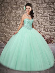 Hot Sale Apple Green Sleeveless Tulle Lace Up 15 Quinceanera Dress for Military Ball and Sweet 16 and Quinceanera