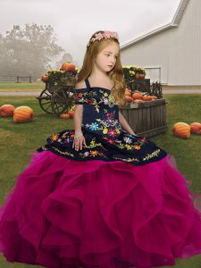 Attractive Fuchsia Ball Gowns Embroidery and Ruffles Kids Pageant Dress Lace Up Tulle Sleeveless Floor Length