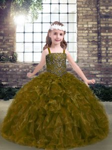 Olive Green Straps Neckline Beading and Ruffles Little Girls Pageant Dress Wholesale Sleeveless Lace Up