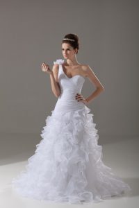 White A-line Organza One Shoulder Sleeveless Ruffles and Hand Made Flower Lace Up Wedding Gowns Brush Train