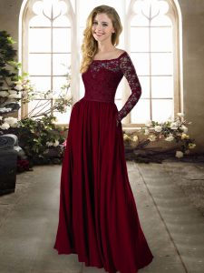 Stylish Burgundy Empire Off The Shoulder Long Sleeves Chiffon Floor Length Zipper Lace Bridesmaids Dress