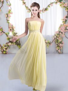 Lace Up Bridesmaid Gown Yellow for Wedding Party with Beading Sweep Train