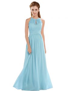 Aqua Blue Empire Chiffon Halter Top Sleeveless Lace Floor Length Backless Prom Party Dress